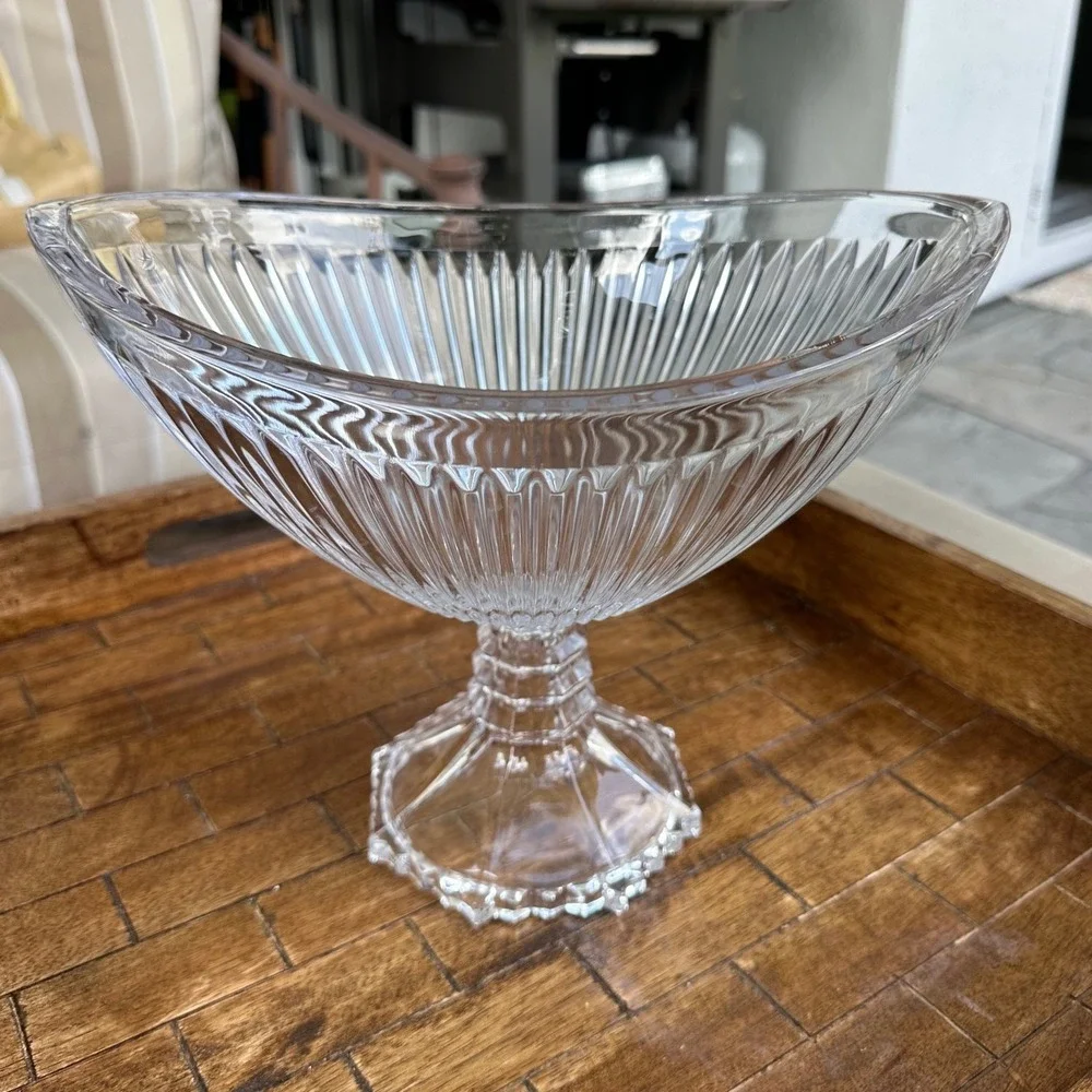 Vintage Clear Glass Ribbed Pedestal Bowl Oval Boat Centerpiece made in Japan EUC